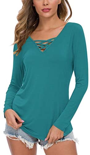 WNEEDU Women's Casual Long Sleeve T-Shirt Criss Cross V-Neck Basic Tees Tops