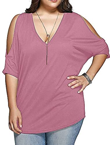 Women Plus Size Tops V Neck Short Sleeve Batwing Top Cold Shoulder T Shirt