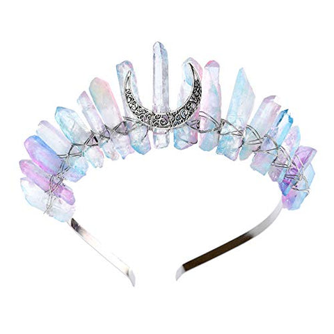AWAYTR Raw Crystal Quartz Crown – Rhinestone Tiara Mermaid Headband for Woman Weeding and Partie(white)