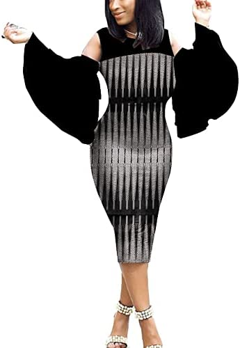 African Print Women Dress Long Flare Sleeves Knee-Length Pencil Ankara Party Dress Dashiki Traditional Costume