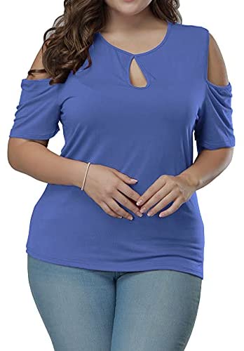 Women's Plus Size Top Keyhole Front Short Sleeve Cold Shoulder T Shirt