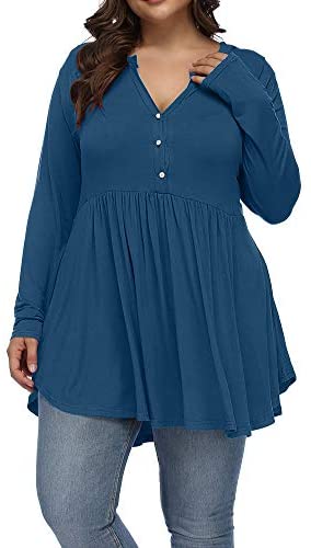 Women's Plus Size Henley V Neck Button Tunic Tops Long sleeve Swing Flowy Shirts