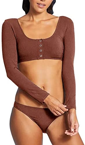 GAMISOTE Women Two Piece Swimsuits Long Sleeve Button Up Crop Top Bikini Bottoms Swimwear