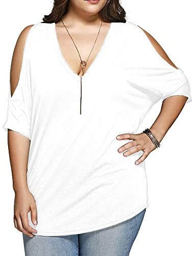 Women Plus Size Tops V Neck Short Sleeve Batwing Top Cold Shoulder T Shirt