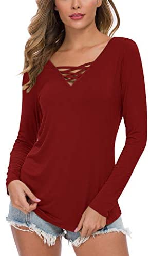 WNEEDU Women's Casual Long Sleeve T-Shirt Criss Cross V-Neck Basic Tees Tops