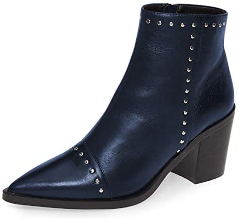 Women Block Low Mid Heels Ankle Boots Pointy Toe Rivets Studs Boots Party Office Shoes with Side Zipper Size 4-15 US