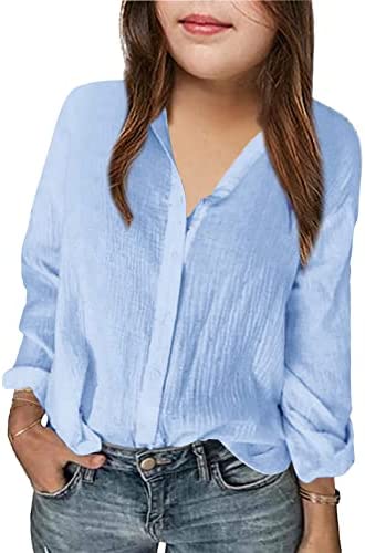 Girls Casual Long Sleeve Button Down Shirts Dress V Neck Tops Loose Soft Tunic Blouse