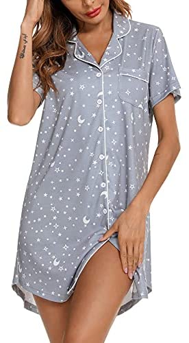 Pajama Nightgown for Women Short/Long Sleeve Button Down Nightwear Top Boyfriend Sleep Shirts Nightdress S-XXL
