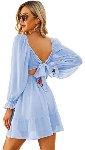 Women Elastic Smocked Bust Tie Back Long Puff Sleeve Square Neck Ruffle Dress A-line Casual Mini Dress