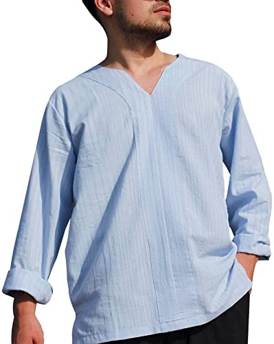 Mens V Neck T Shirts Cotton Linen Loose Fit Long Sleeve Solid Beach Yoga Tops Shirts