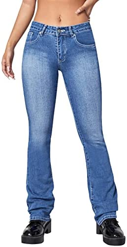 Women's Casual Slim Fit Flared Jeans Mid Waisted Sexy Stretchy Comfortable Denim Pants Trousers with Pockets