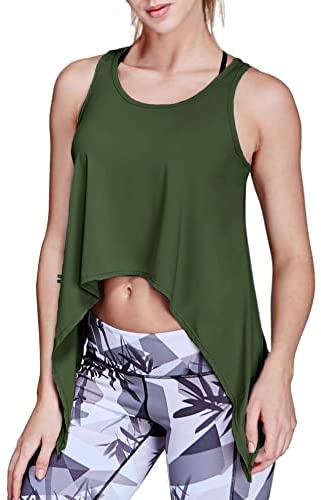 Women's Casual Scoop Neck Yoga Tank Tops Sleeveless Irregular Hem Solid Workout Running Crop Tops T Shirts
