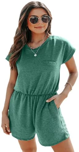 Dyexces Womens Crew Neck Rompers Summer Shorts Loose Tie Short Sleeve Stretch Waist Rompers with Pockets