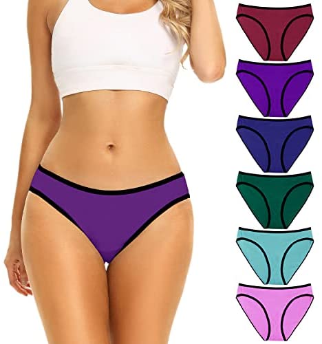 POKARLA Women's Hi-Cut Bikini Panties Soft Stretch Cotton Underwear Hipster Ladies Briefs 6-Pack(Regular & Plus Size)