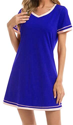Aoysky Women's Long Nightgown Short Sleeve Nightwear V Neck Soft Sleep Dress Sleepwear