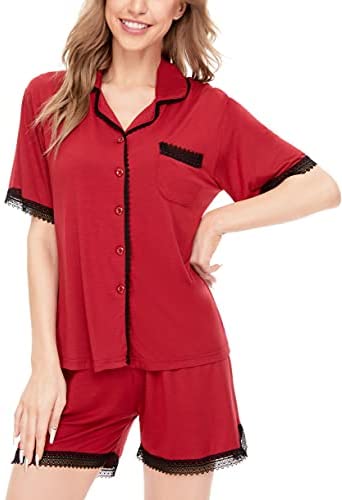 Women's Pajamas Set, Short Sleeve Sleepwear Lace Hem Pj Lounge Sets Nightwear Pajamas for Women S-XL