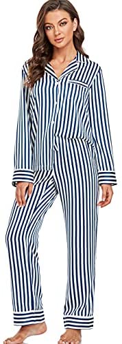 Women's Satin Pajama Set Long Sleeve Button Sleepwear 2-Piece Pj Lounge Set