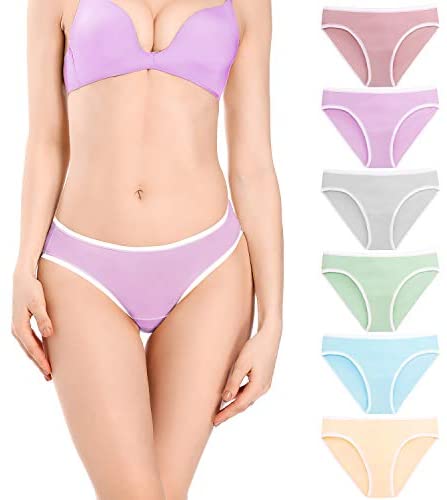 POKARLA Women's Hi-Cut Bikini Panties Soft Stretch Cotton Underwear Hipster Ladies Briefs 6-Pack(Regular & Plus Size)