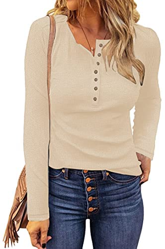 WNEEDU Women's Waffle Knit Tops Casual Long Sleeve Blouses Slim Fit Button Down V Neck Henley Shirts