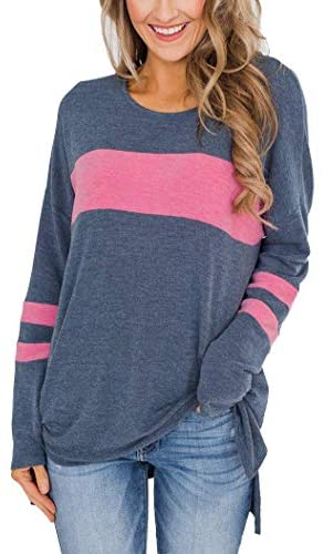 Women's Color Block Striped Long Sleeve Shirt Side Split High Low Hem Casual Pullover Tunic Tops