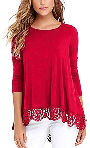Women's O Neck Long Short Sleeve Solid Blouses Lace Trim A Line Shirts
