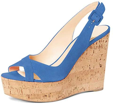 FSJ Women Summer Platform Wedge High Heeled Sandals Peep Toe Slingback Dress Faux Suede Pump Size 4-15 US
