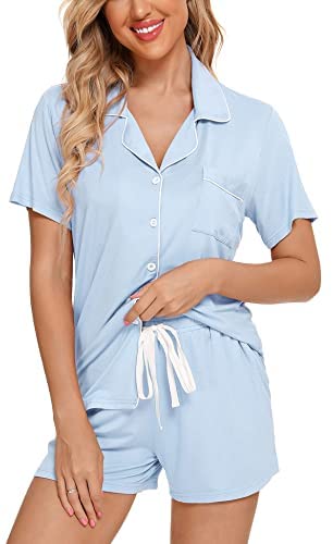 Womens Pajamas Set Short Sleeve Sleepwear Button Down Nightwear Shorts Soft Pj Sets S-XXL
