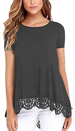 Women's O Neck Long Short Sleeve Solid Blouses Lace Trim A Line Shirts