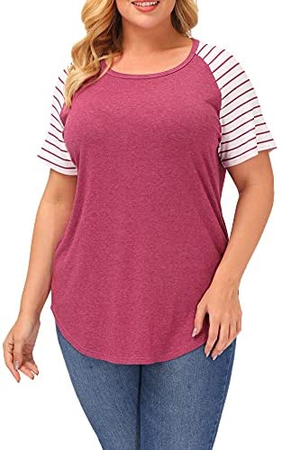 Plus Size Tops Women Stripe Short Sleeve Summer Casual Raglan T Shirts