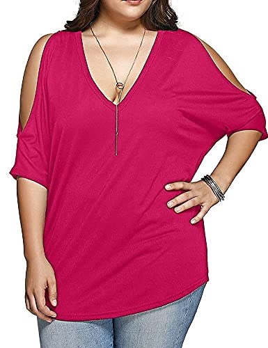 Women Plus Size Tops V Neck Short Sleeve Batwing Top Cold Shoulder T Shirt