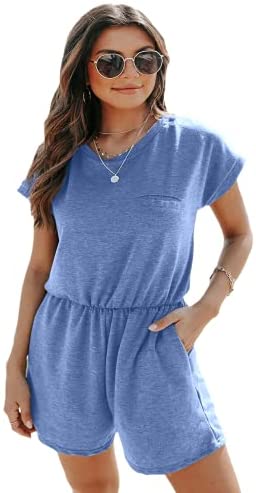 Dyexces Womens Crew Neck Rompers Summer Shorts Loose Tie Short Sleeve Stretch Waist Rompers with Pockets