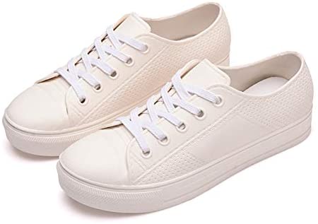 QZHIHE Women Rain Shoes Waterproof PU Sneaker Lace Up Rain Boots Canvas Shoes Csual