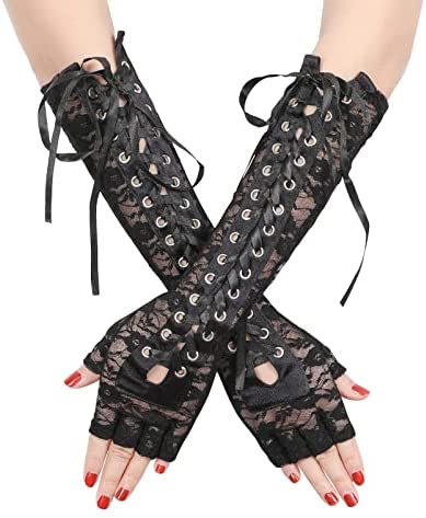 Womens Fingerless Gloves Black Satin Mitten Lace Up Steampunk Arm Warmer Gothic Elbow Gloves for Halloween Costume