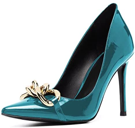 FSJ Women Fashion Pointed Toe Stilleto Heels Dress Pumps Metal Chain Slip On Wide Width High Heel Pumps Evening Party Shoes Size 4-15 US