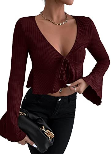 Womens Deep V Neck Crop Tee Ribbed Long Bell Sleeve Drawstring Casual Tie Front Blouse Solid Color Ruffle Hem Pullover Tops