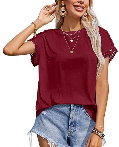 Womens Short Sleeve Tops Lace Patchwork Crewneck Bat Sleeve T Shirts Basic Casual Tee