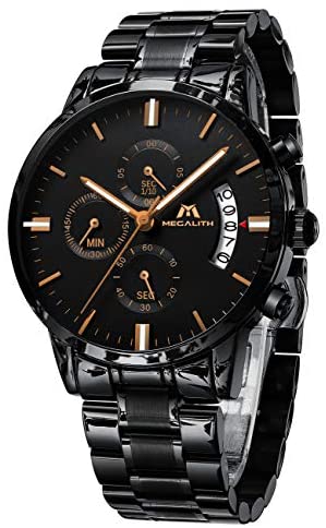 MEGALITH Mens Watches with Stainless Steel Waterproof Analog Quartz Fashion Business Chronograph Black Watch for Men, Auto Date