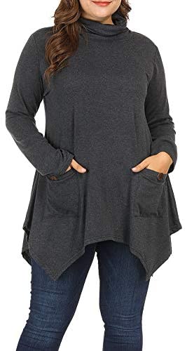 Women Plus Size Long Sleeve Turtleneck Long Tunic Top Flowy Irregular Hem Shirts