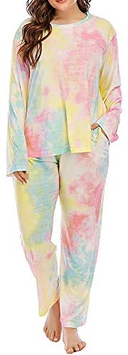 Plus Size Pajama Set Pants Women Tie Dye Long Sleeve Shirts Nightwear Sleep & Lounge Pjs