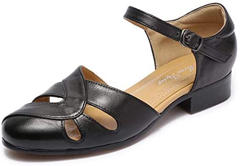 Mona flying Women Leather Tatianna Dress Sandals Closed Toe Low Heels Strappy Flats Summer Casual Shoes