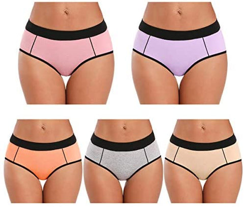 POKARLA Women's Cotton Stretch Underwear Ladies Mid-high Waisted Briefs Panties 5-Pack