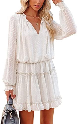Womens Flowy Mini Swing Dress Casual Loose Long Sleeve V Neck Ruffle Tiered Swiss Dot Chiffon Short Dress
