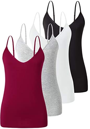 Xelky Womens V Neck Camisole Lightweight Tank Tops Adjustable Spaghetti Strap Undershirts Stretch Soft Plain cami 4 Pack S-XL
