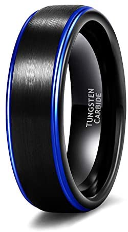 TRUMIUM 6mm 8mm Tungsten Wedding Ring Band for Men Women Black Blue Two Tone Brush Finish Scratch Resistant Size 6-13