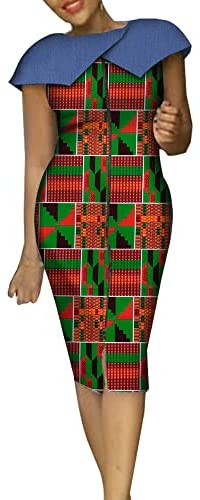 African Women Dashiki Causal Dress Traditional Print Patchwork Short Sleeve for Lady
