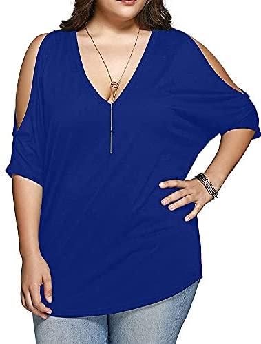 Women Plus Size Tops V Neck Short Sleeve Batwing Top Cold Shoulder T Shirt