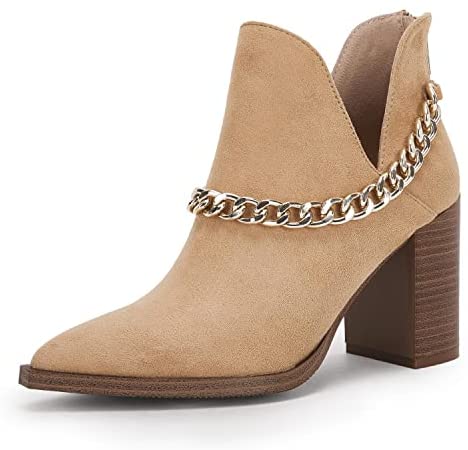 Womens V Cut Out Ankle Boots Chunky Block Back Zipper Booties Pointed Toe Comfortable Shoes with Metal Chain