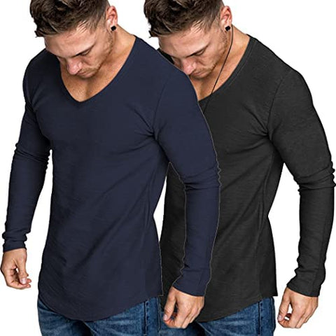Men 2 Pack Muscle V Neck T Shirt Gym Athletic Fit Long Sleeves Tee Top