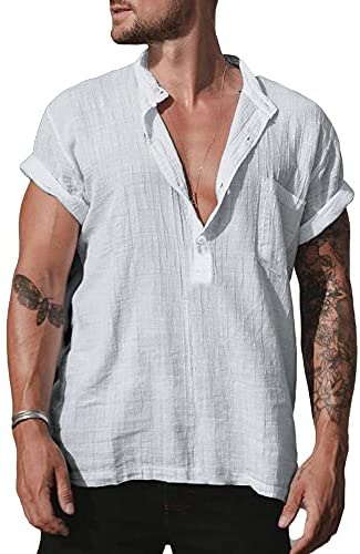 Karlywindow Men's Cotton Linen Henley Shirt Short Sleeve Hippie Casual Comfort Beach Yoga T Shirts