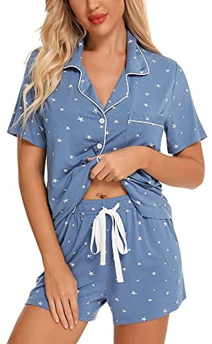 Womens Pajamas Set Short Sleeve Sleepwear Button Down Nightwear Shorts Soft Pj Sets S-XXL